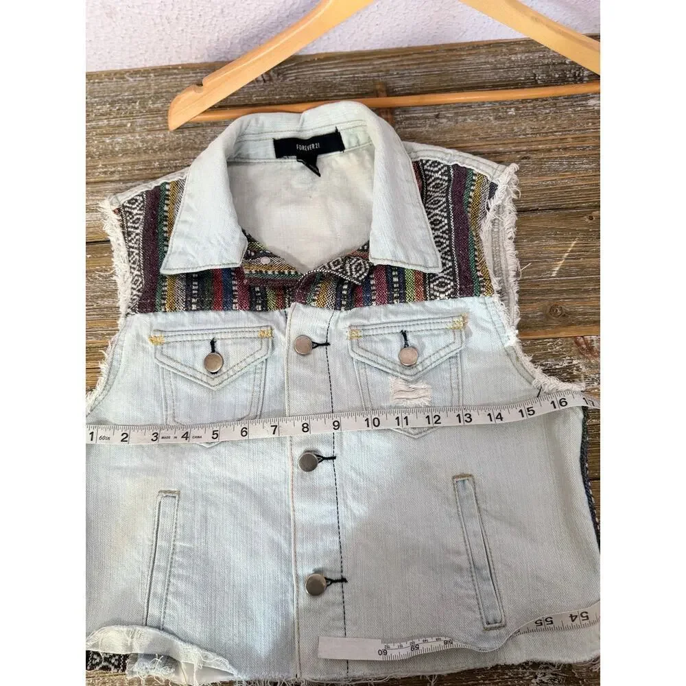 Forever 21 Denim Vest Women Aztec Size S Distressed‎ Frayed Hem Boho Festival